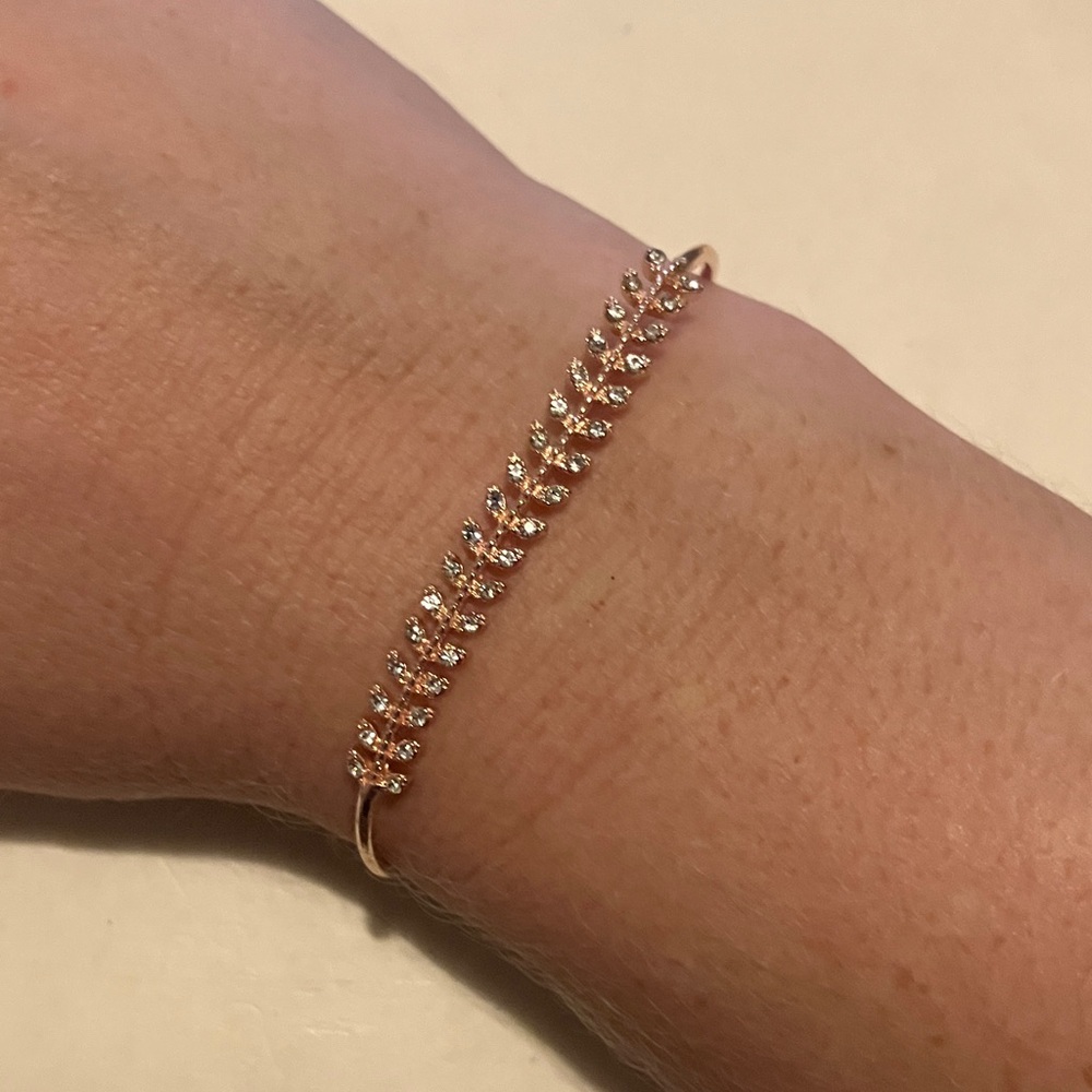Delicate Rose Gold Tone Crystal Leaf Chain Minimalist Cuff Bracelet